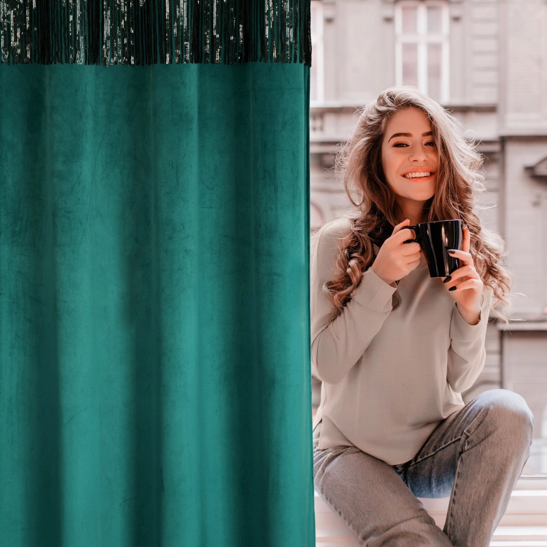 Záves 140x250 cm zamatový tmavotyrkysový, čierny na kovové krúžky JASPER