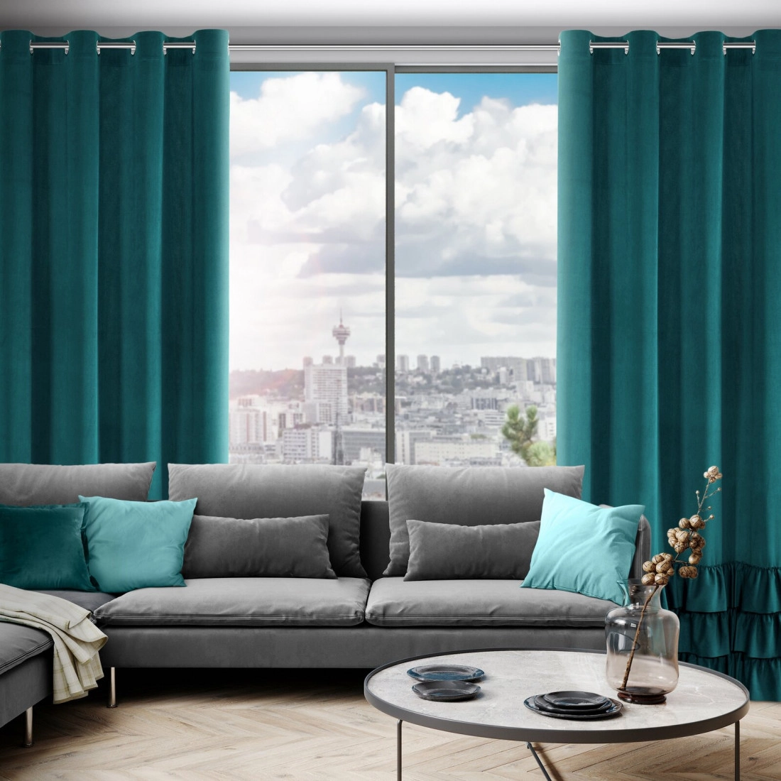 Sametový závěs 140x250 cm tmavě tyrkysový na kovové kroužky MEGI
