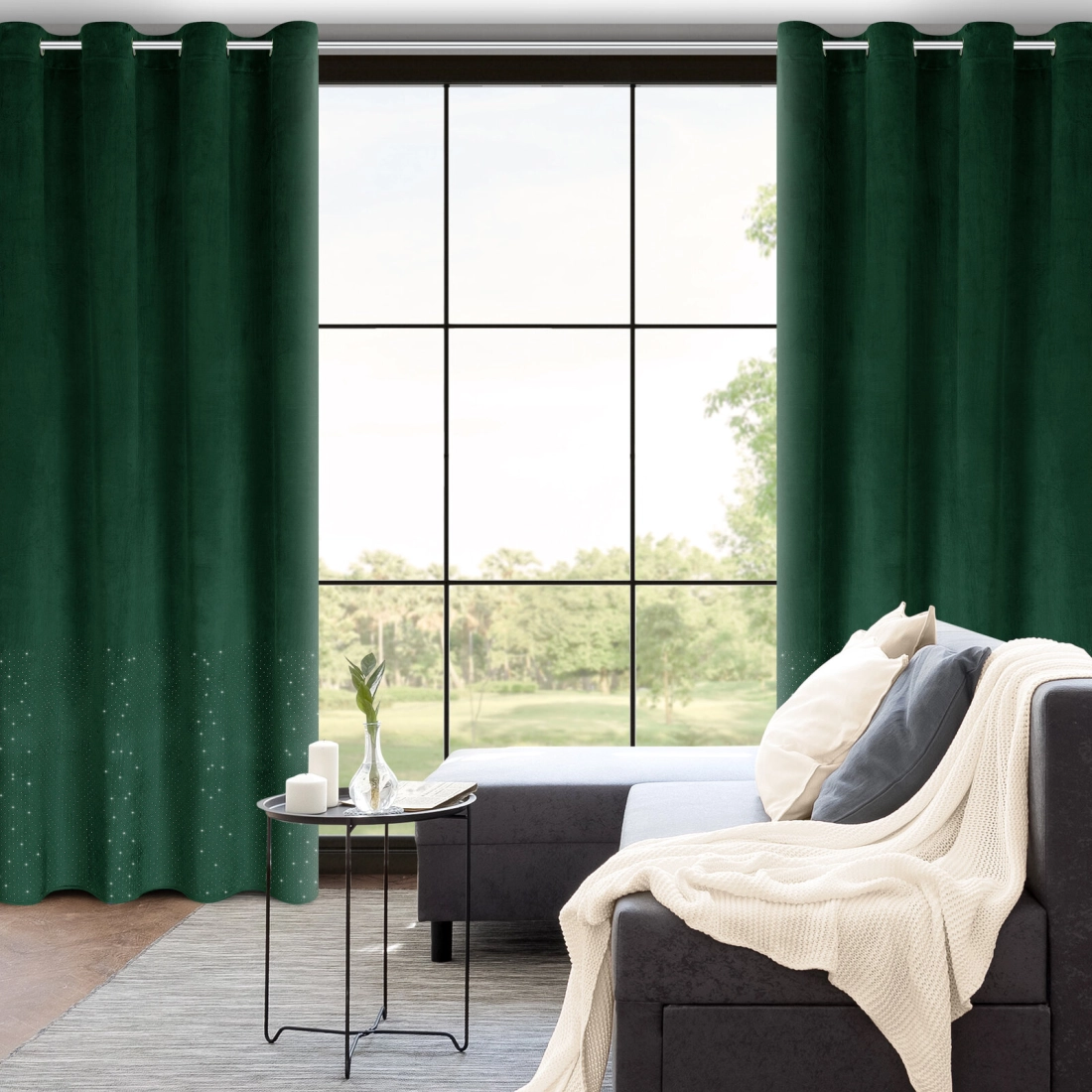 Sametový závěs 140x250 cm tmavě zelený na kovové kroužky ARIADNA