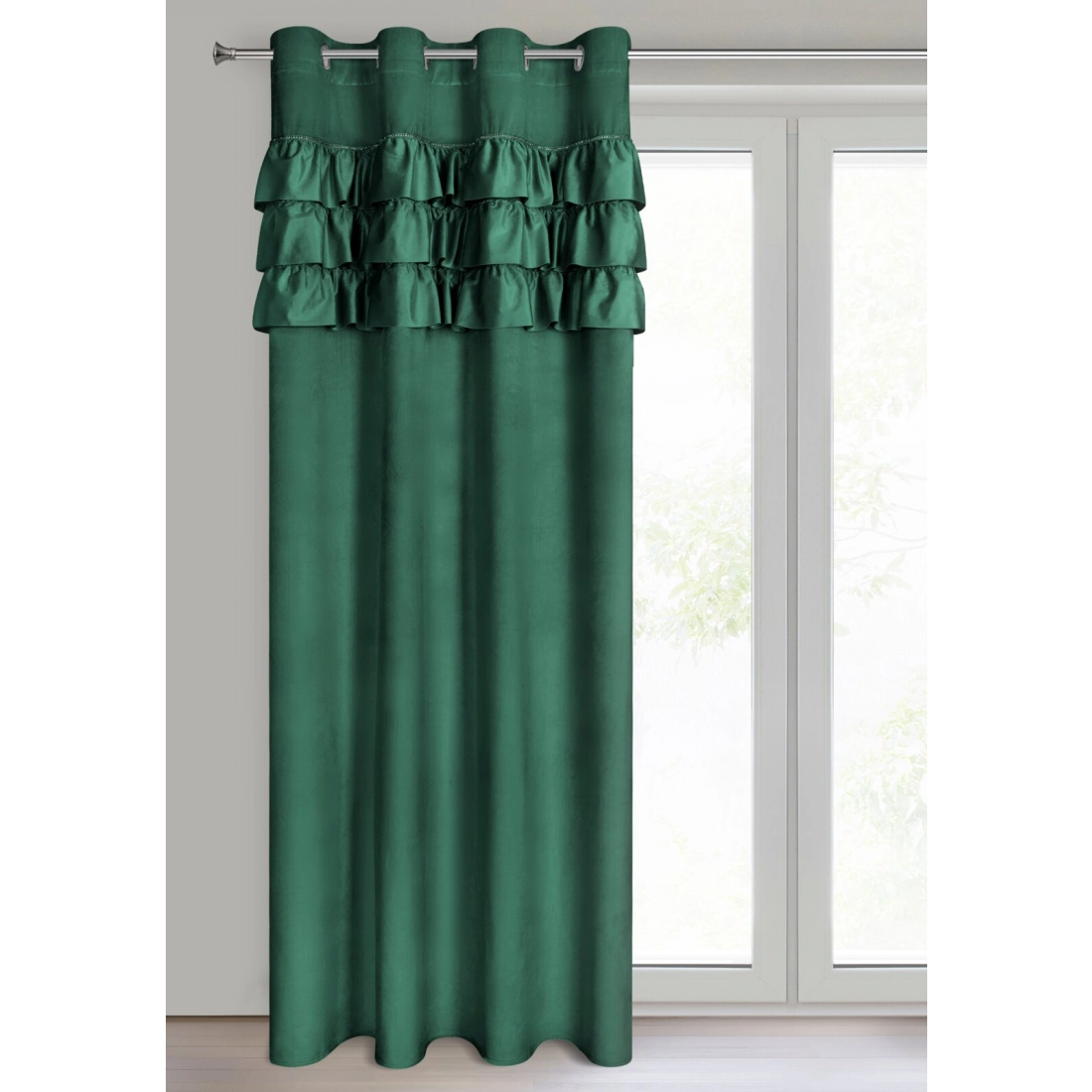 Závěs 140x250 cm sametový tmavě zelený na kovové kroužky SAMI