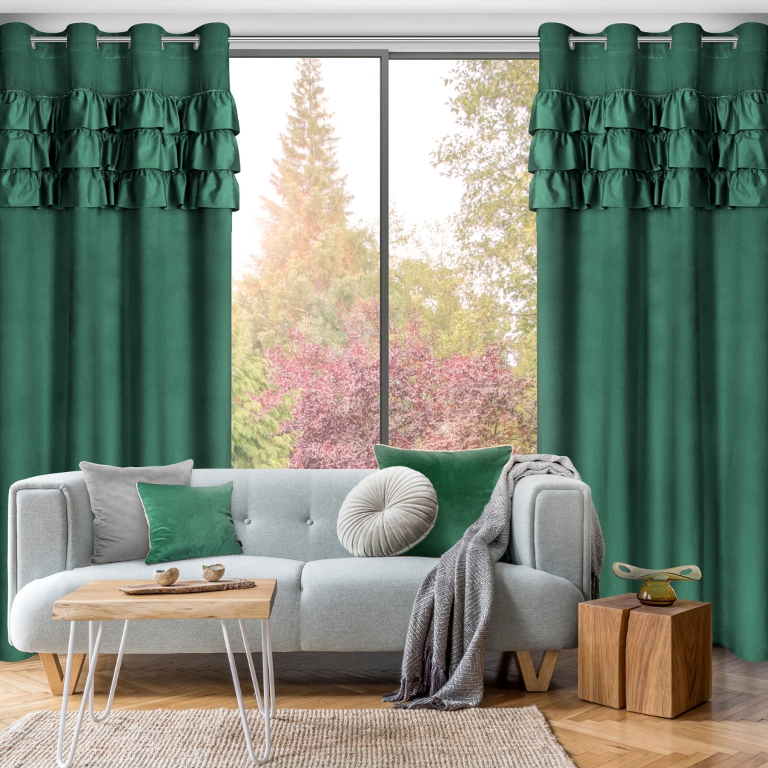 Závěs 140x250 cm sametový tmavě zelený na kovové kroužky SAMI