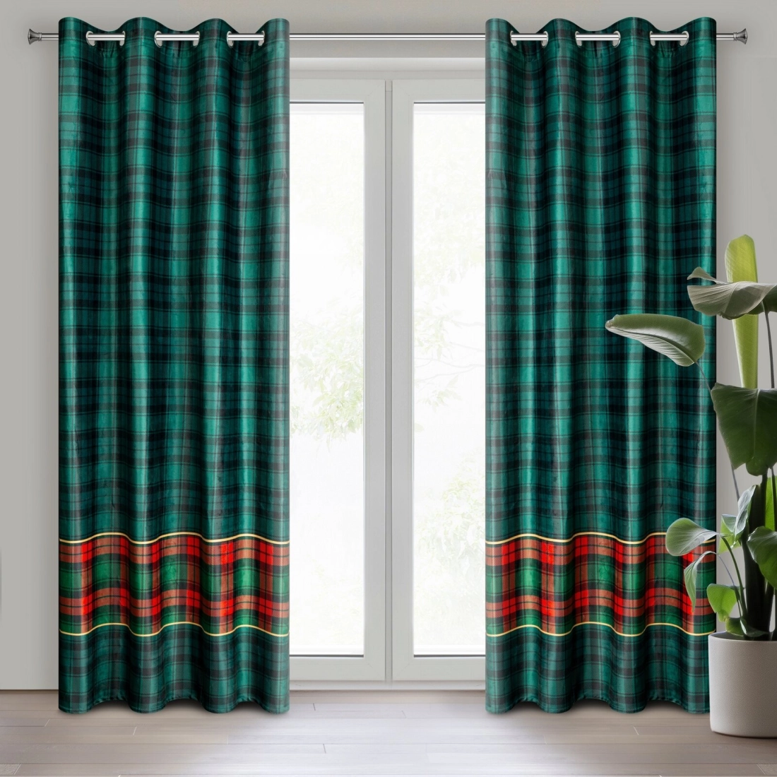 Sametový závěs 140x250 cm tmavě zelený s červenou kostkou na kovových kroužcích STAR