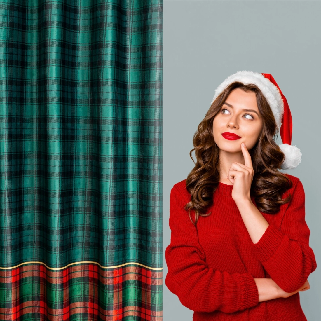 Sametový závěs 140x250 cm tmavě zelený s červenou kostkou na kovových kroužcích STAR