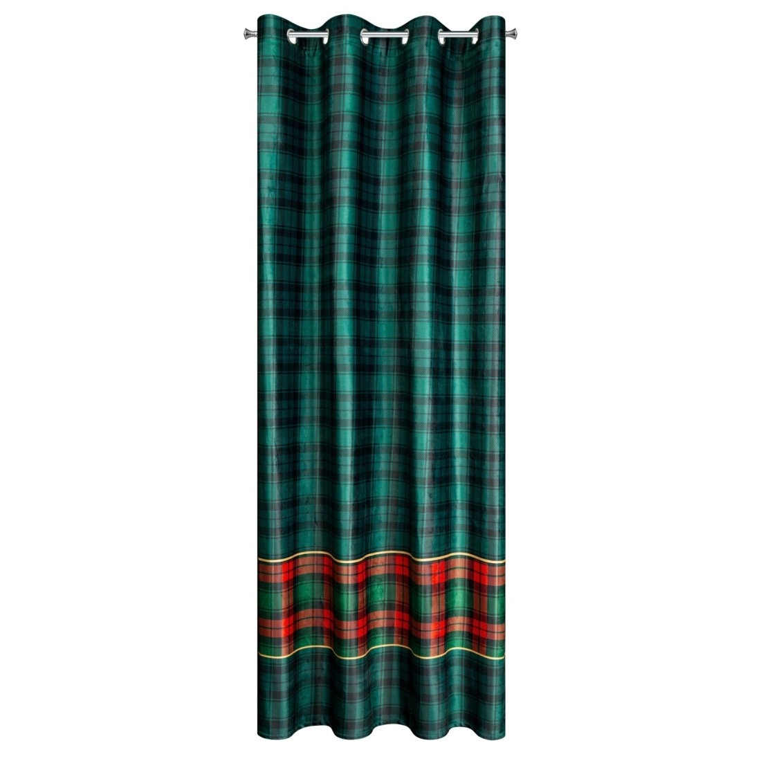Sametový závěs 140x250 cm tmavě zelený s červenou kostkou na kovových kroužcích STAR
