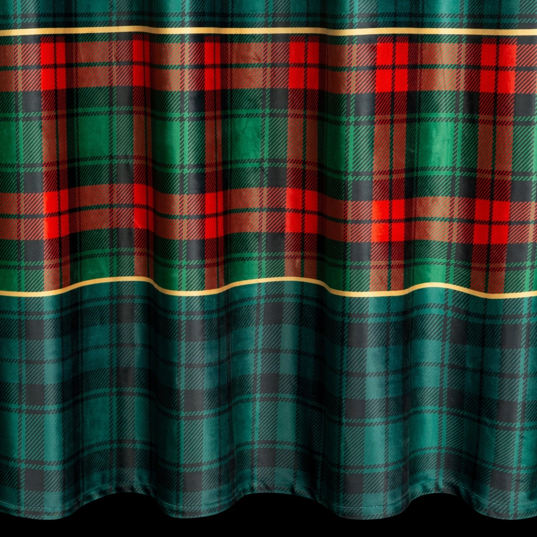 Sametový závěs 140x250 cm tmavě zelený s červenou kostkou na kovových kroužcích STAR