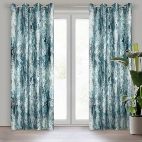 Záves 140x250 cm zamatový tyrkysový so strieborným vzorom na kovové krúžky MALIA