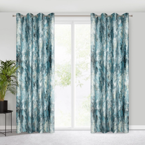 Záves 140x250 cm zamatový tyrkysový so strieborným vzorom na kovové krúžky MALIA