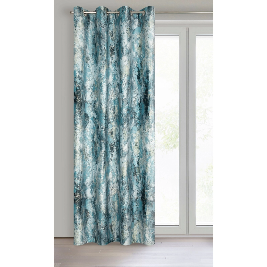 Záves 140x250 cm zamatový tyrkysový so strieborným vzorom na kovové krúžky MALIA