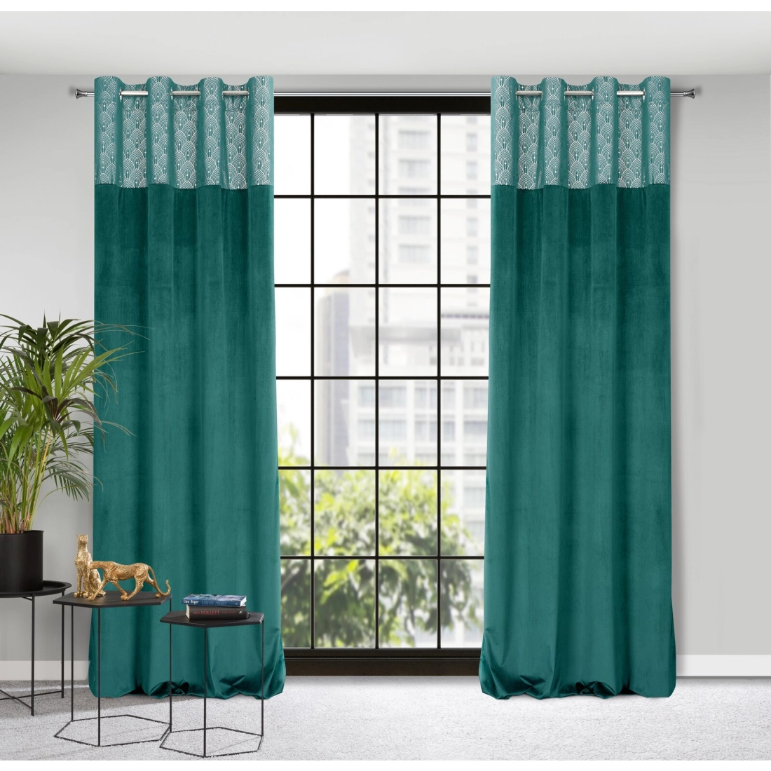 Záves 140x250 cm zamatový tyrkysový, zlatý na kovové krúžky AGNES - Design 91