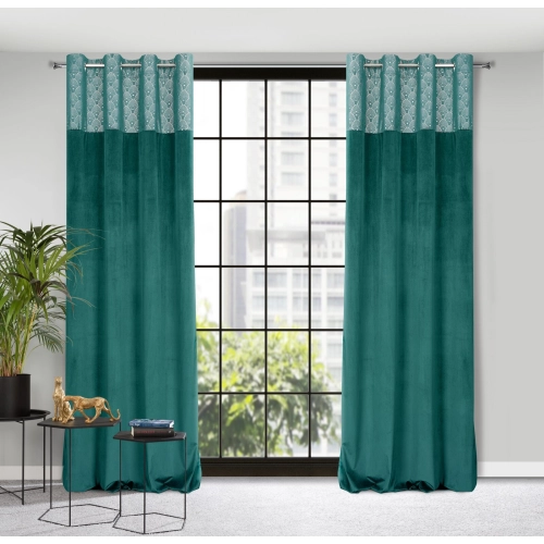 Záves 140x250 cm zamatový tyrkysový, zlatý na kovové krúžky AGNES - Design 91