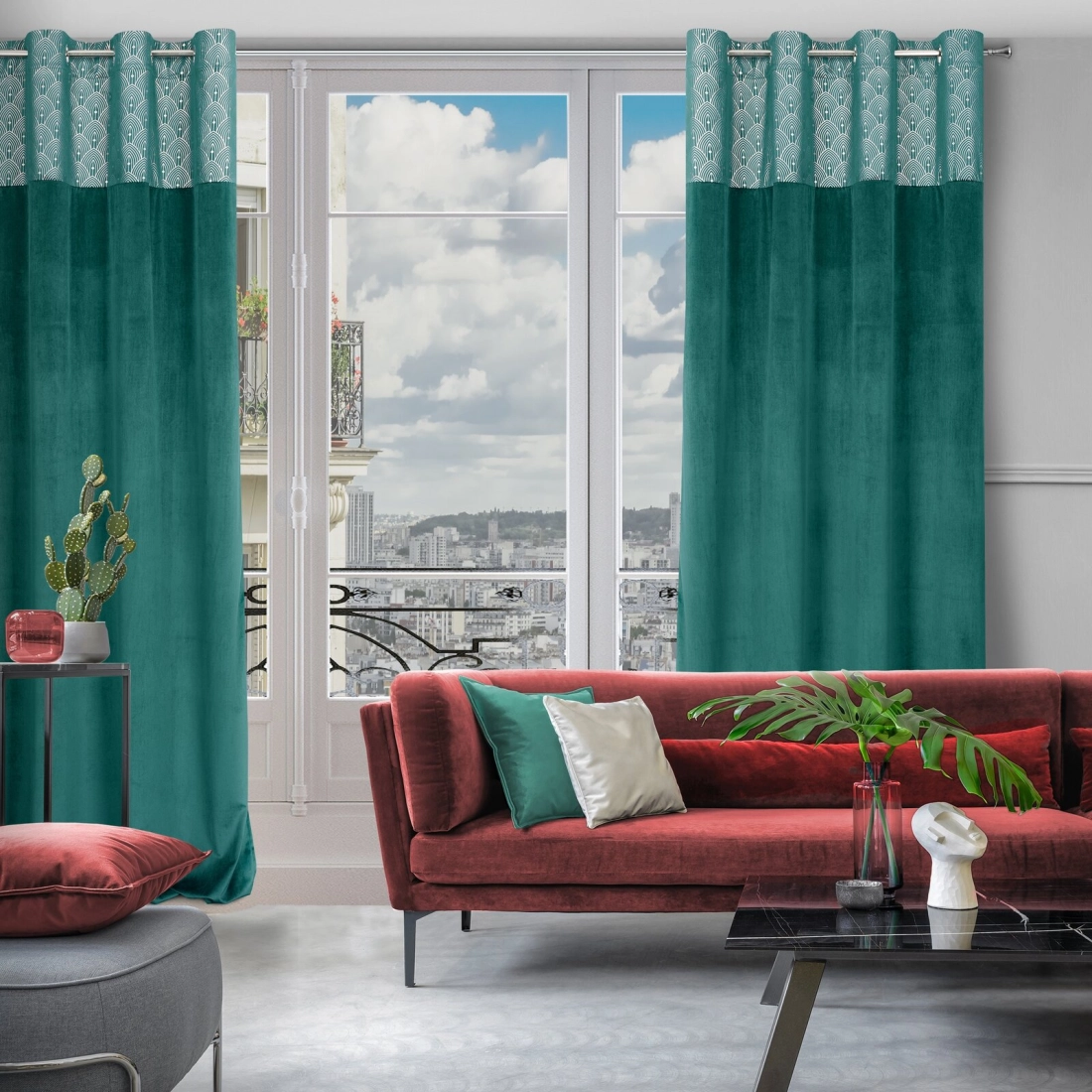 Záves 140x250 cm zamatový tyrkysový, zlatý na kovové krúžky AGNES - Design 91