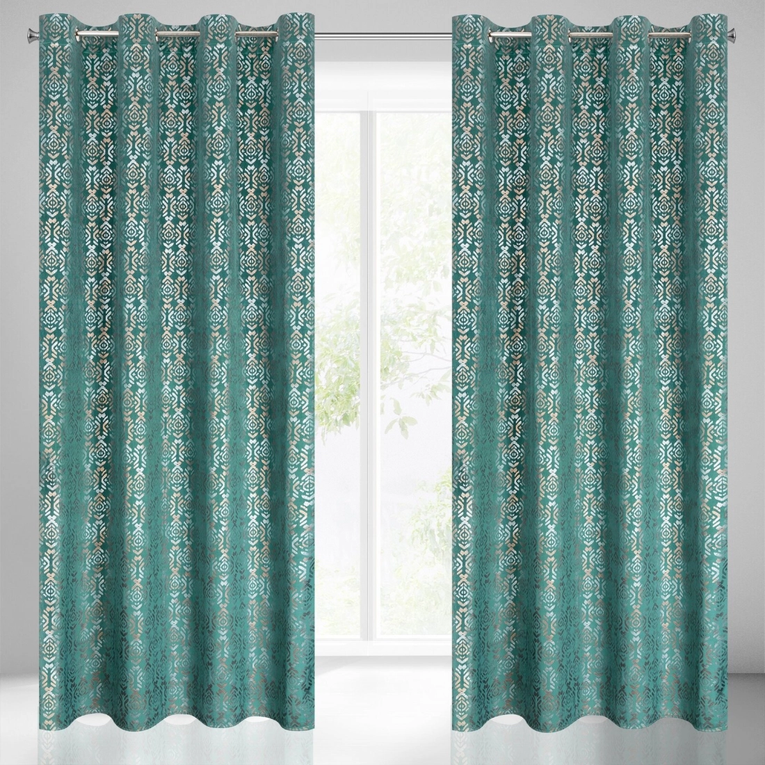 Sametový závěs 140 x 250 cm tyrkysový, zlatý na kovových kroužcích LAURA