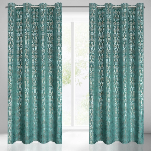 Záves 140x250 cm zamatový tyrkysový, zlatý na kovové krúžky LAURA