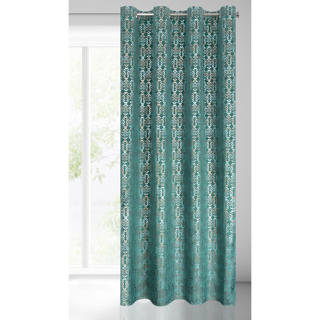 Sametový závěs 140 x 250 cm tyrkysový, zlatý na kovových kroužcích LAURA