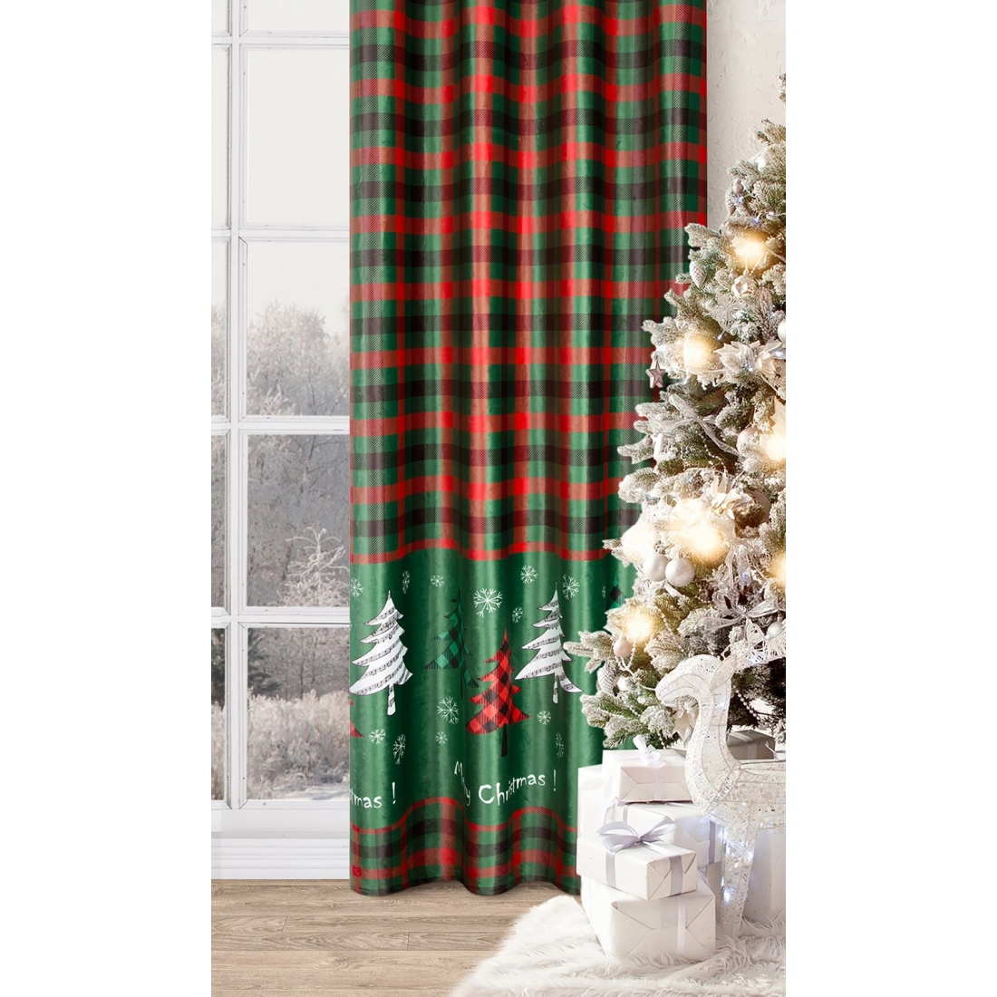 Záves 140x250 cm zamatový zelený červený na kovové krúžky FELIKS