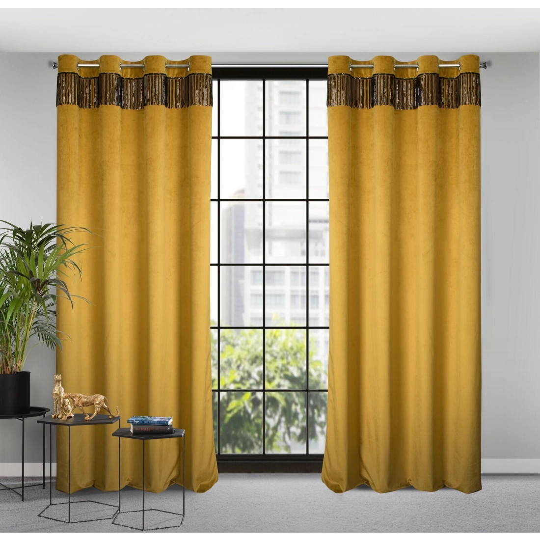 Záves 140x250 cm zamatový zlatý, čierny na kovové krúžky JASPER