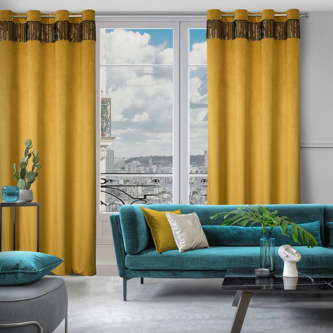 Záves 140x250 cm zamatový zlatý, čierny na kovové krúžky JASPER