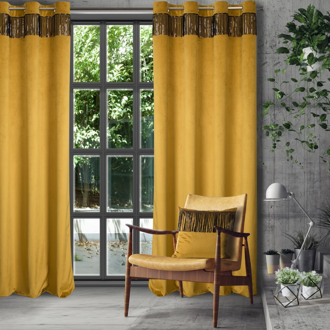 Záves 140x250 cm zamatový zlatý, čierny na kovové krúžky JASPER