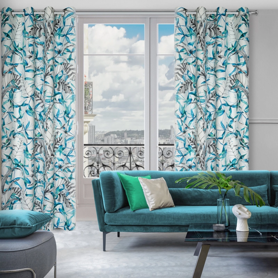 Závěs 140 x 250 cm zatemňovací bílo-modrý na kovových kroužcích IGA