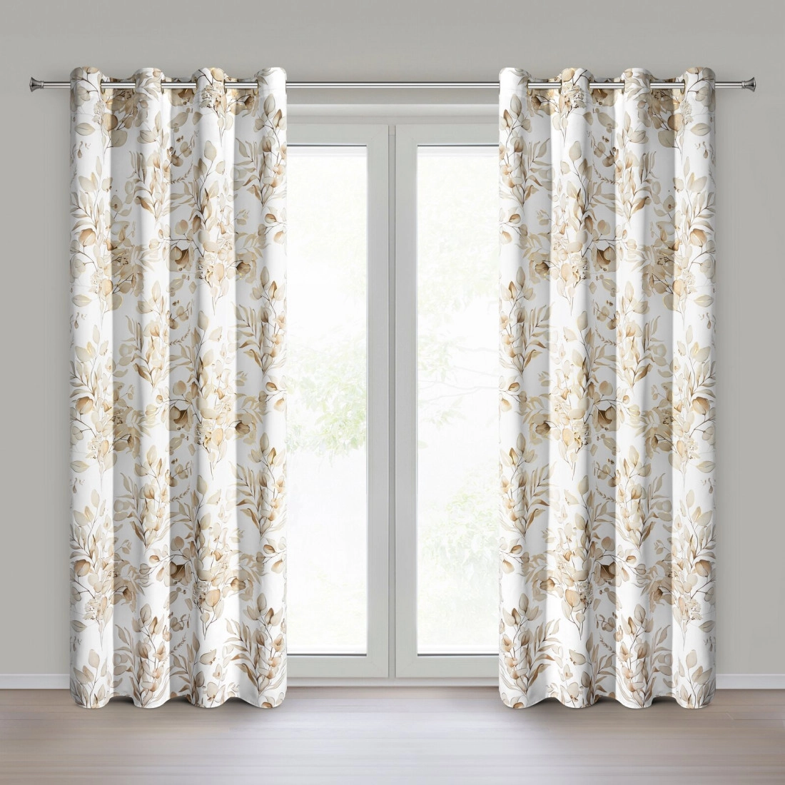 Záves 140x250 cm zatemňujúci béžovo zlatý s rastlinnou potlačou na kovové krúžky OLENI