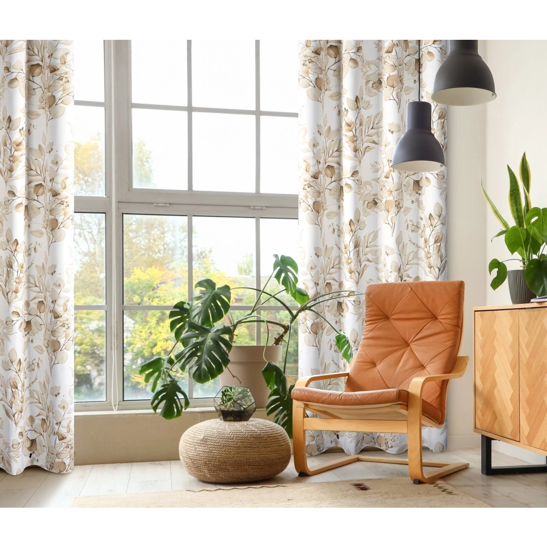 Záves 140x250 cm zatemňujúci béžovo zlatý s rastlinnou potlačou na kovové krúžky OLENI