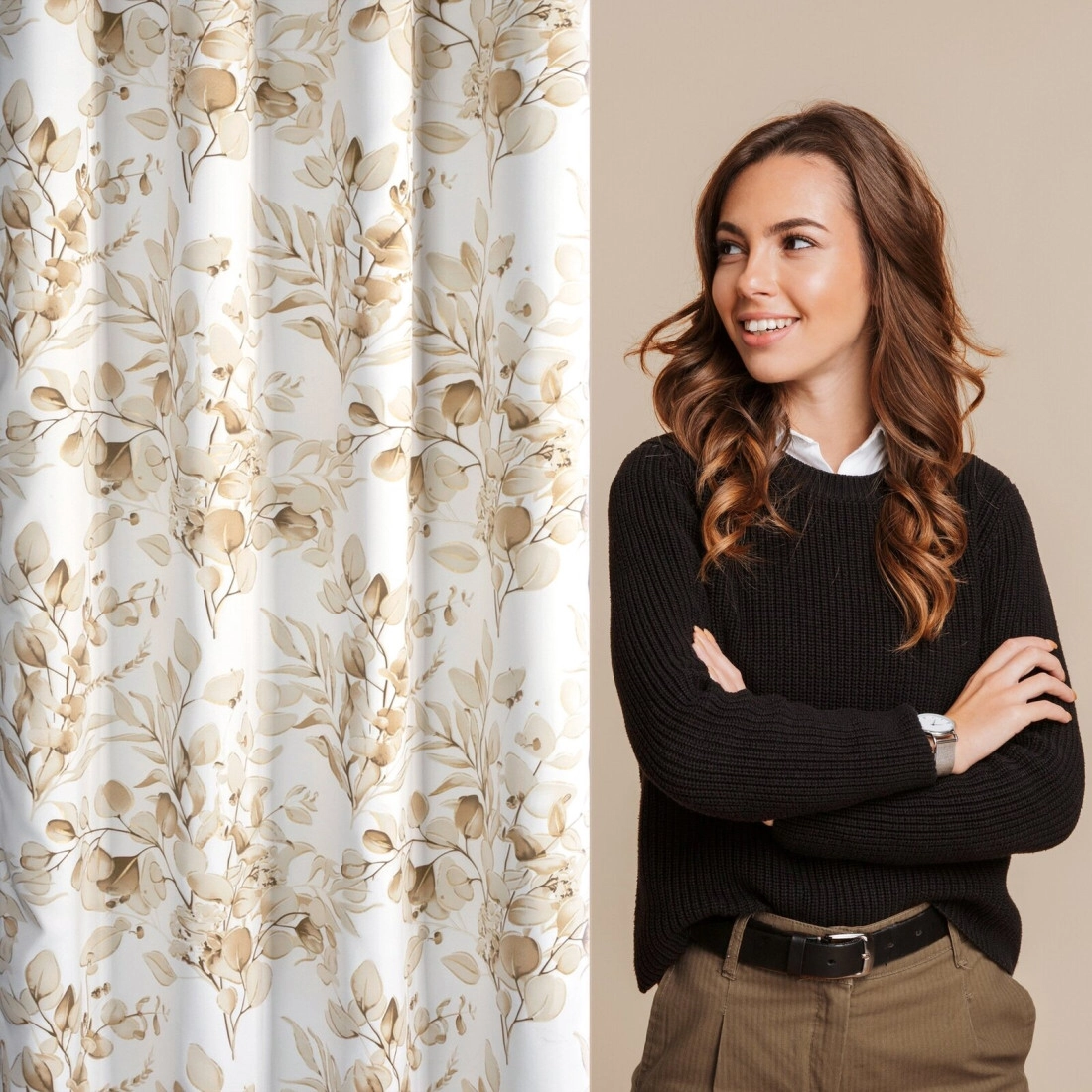 Záves 140x250 cm zatemňujúci béžovo zlatý s rastlinnou potlačou na kovové krúžky OLENI