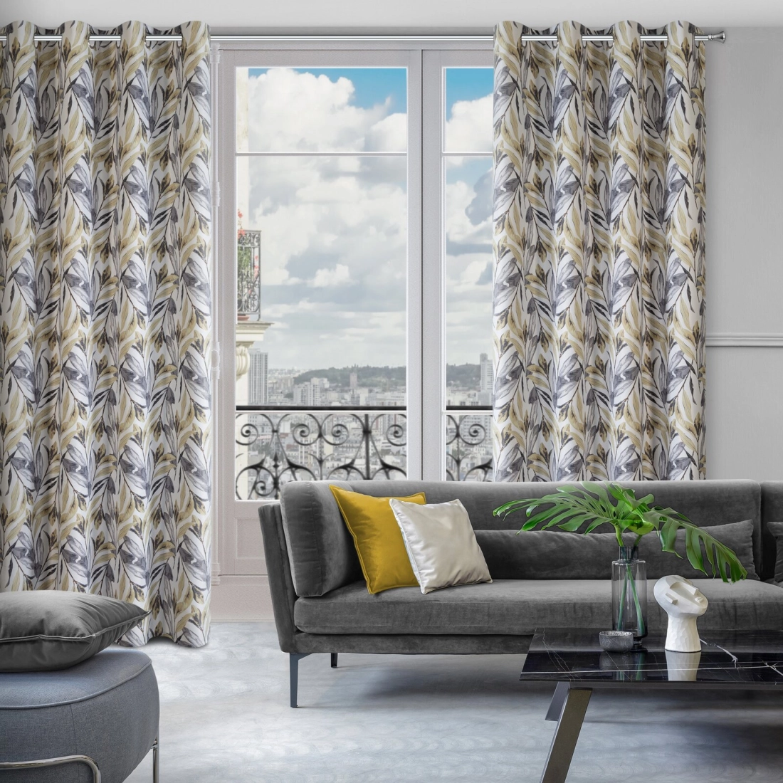 Záves 140x250 cm zatemňujúci bielo-horčicový na kovové krúžky LAVIN