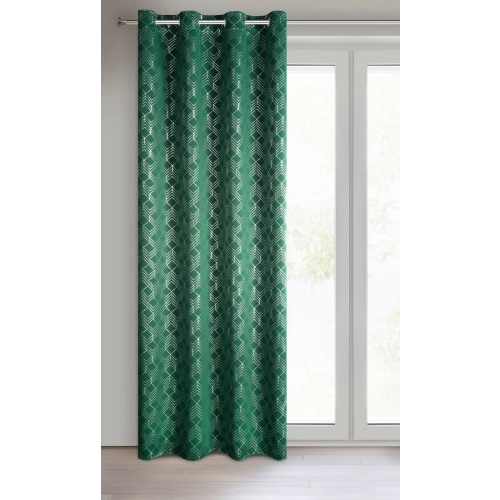 Závěs 140 × 250 cm zeleno-stříbrný zatemňovací s geometrickým vzorem na kovových kroužcích POLI Design 91