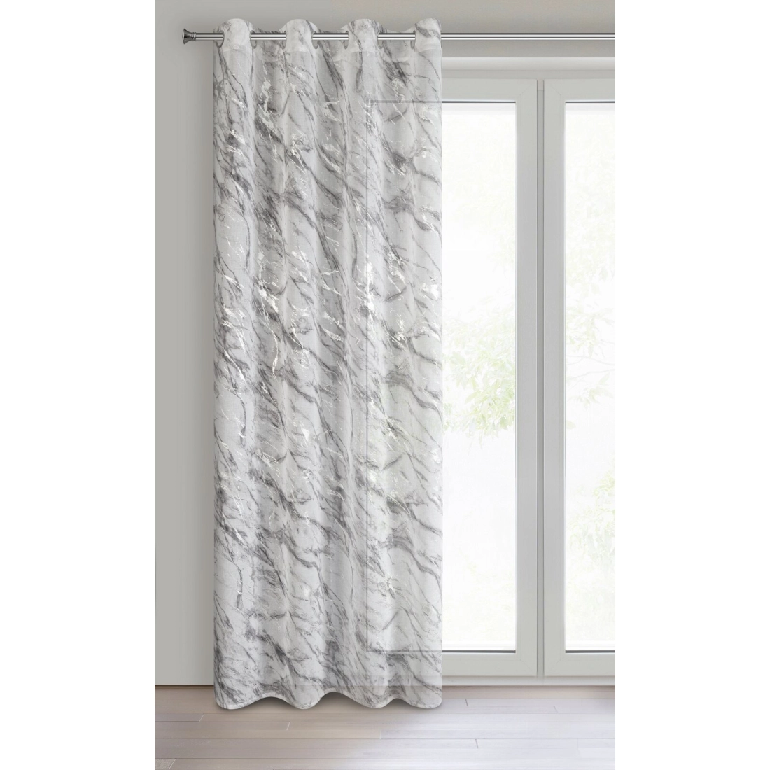 Záves 140x270 cm biely so strieborným mramorovým vzorom na kovové krúžky ALIVIA