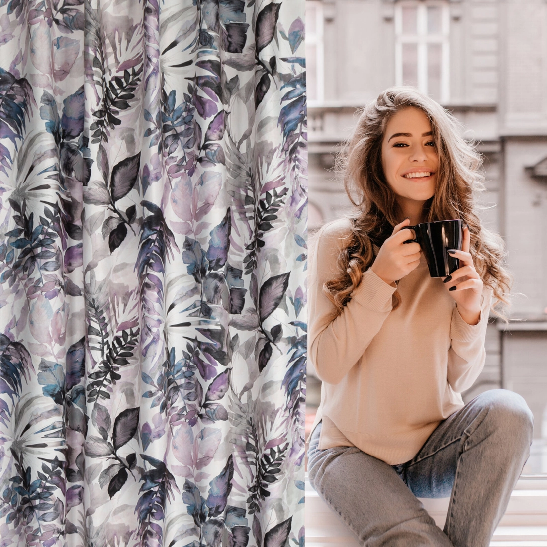 Závěs 140 x 270 cm matný bílý, fialový na řasicí pásku LILIA