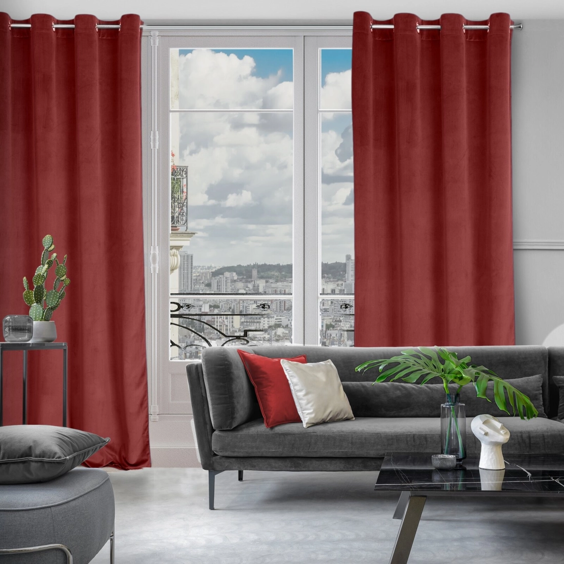 Závěs 140 × 270 cm sametový bordó na kovových kroužcích CARMEN