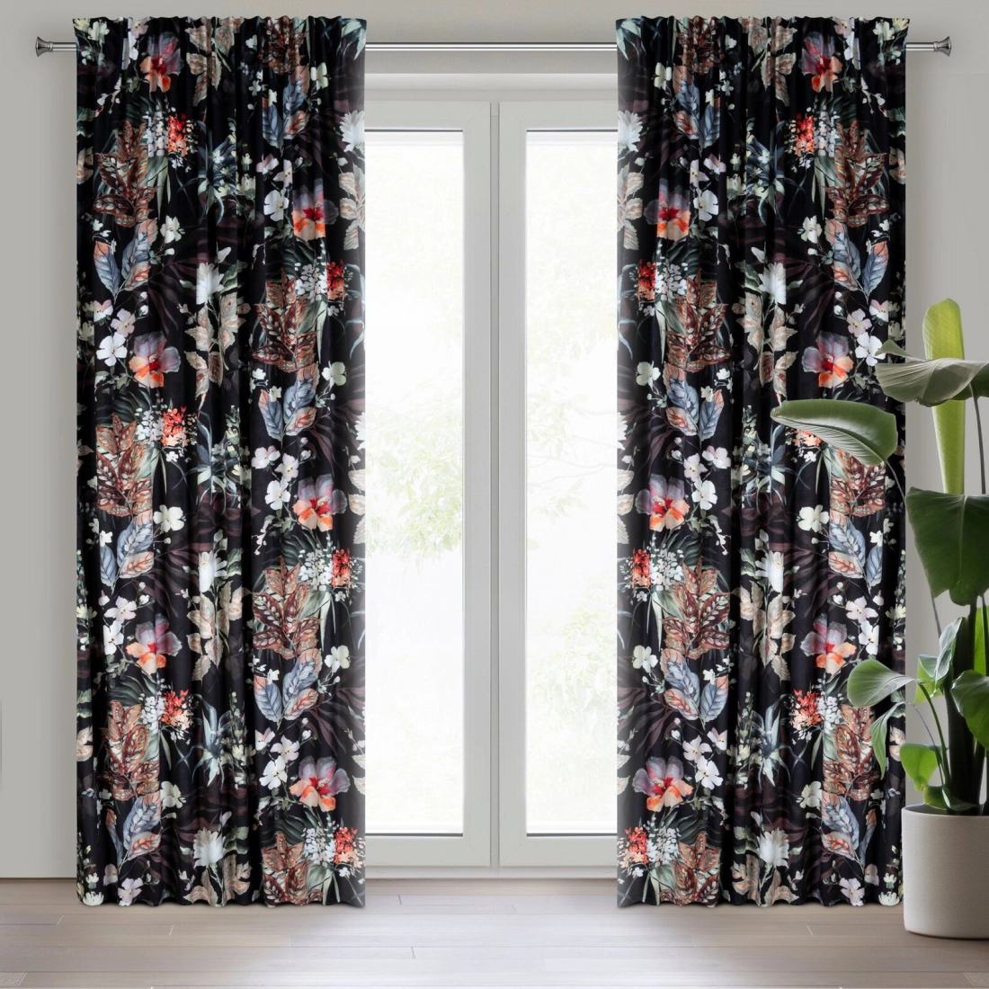 Záves 140x270 cm zamatový čierno-hnedý s kvetinovým vzorom na riasiacu pásku ALANI