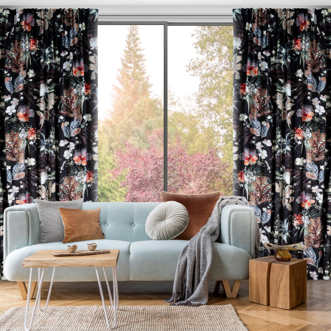 Záves 140x270 cm zamatový čierno-hnedý s kvetinovým vzorom na riasiacu pásku ALANI