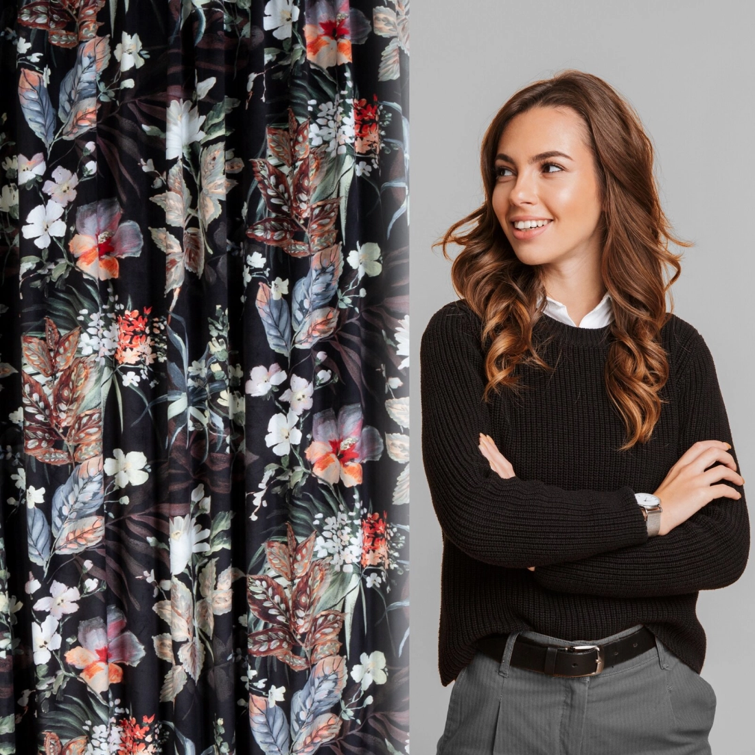 Záves 140x270 cm zamatový čierno-hnedý s kvetinovým vzorom na riasiacu pásku ALANI