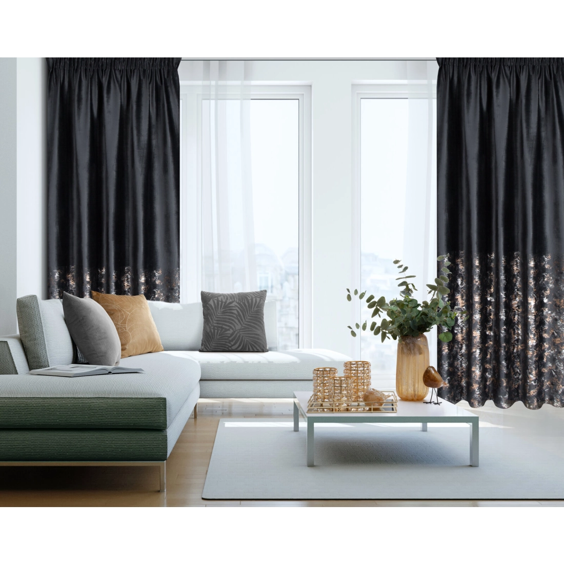 Záves 140x270 cm zamatový čierno šampanský s metalickou potlačou na riasiacu pásku MARIELA