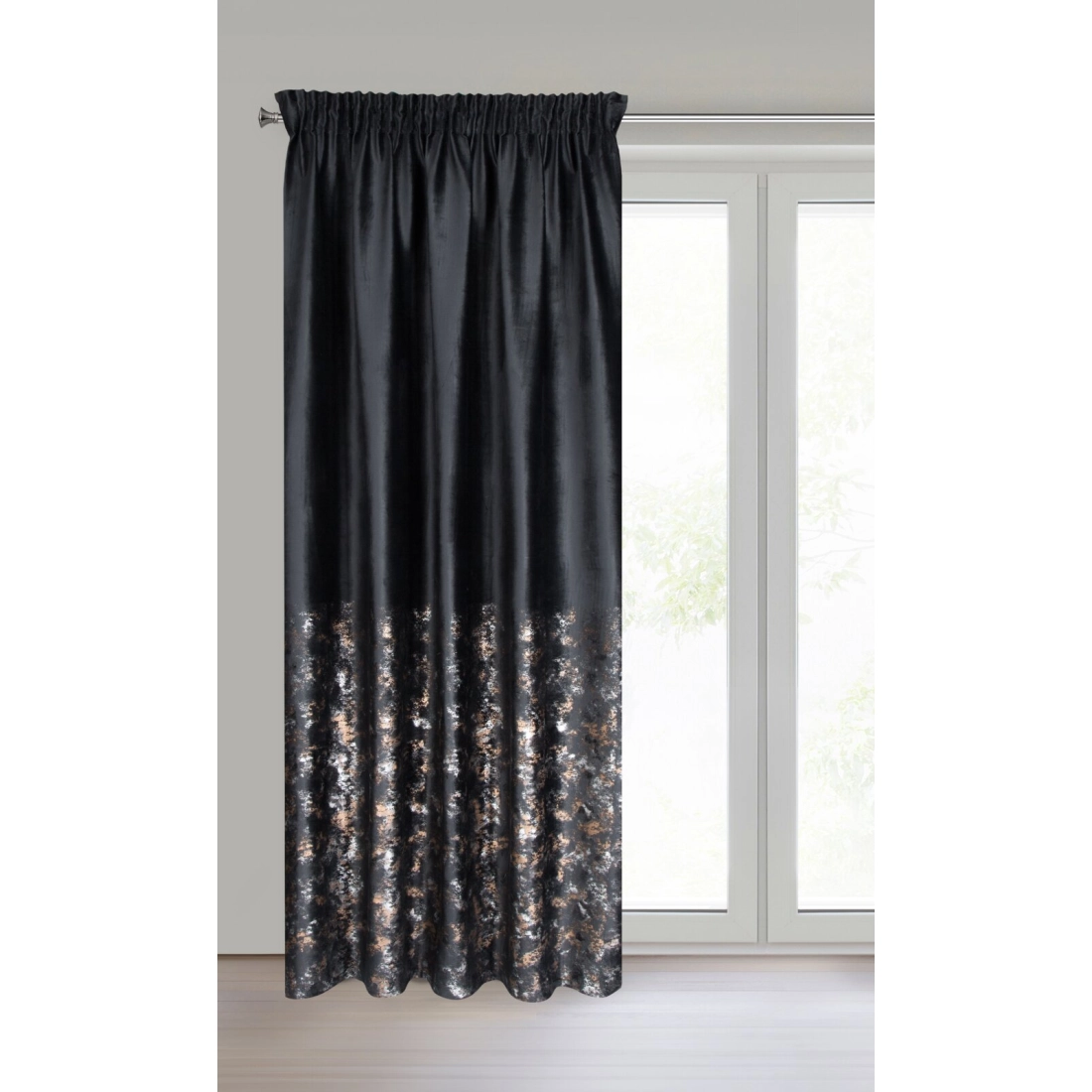 Záves 140x270 cm zamatový čierno šampanský s metalickou potlačou na riasiacu pásku MARIELA