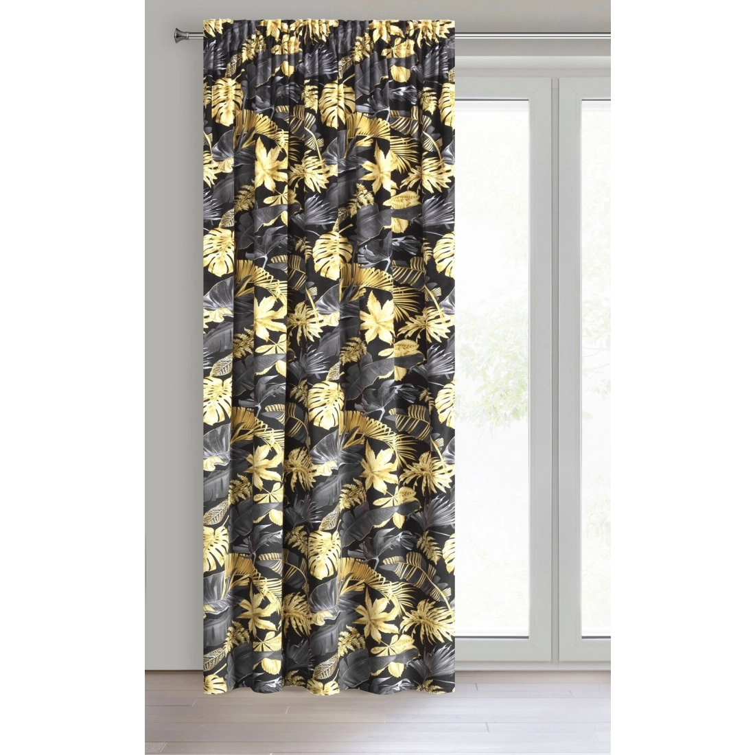 Záves 140x270 cm zamatový čierno-žltý s listami monstery na riasiacu pásku BLER