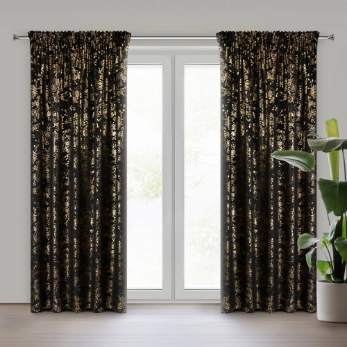 Záves 140x270 cm zamatový čierny s potlačou listov na riasiacu pásku FELIS