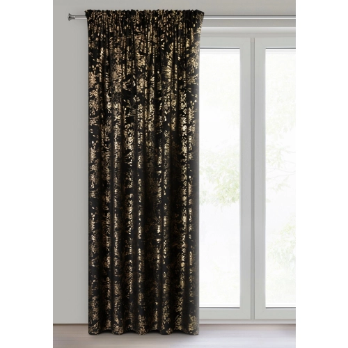 Záves 140x270 cm zamatový čierny s potlačou listov na riasiacu pásku FELIS