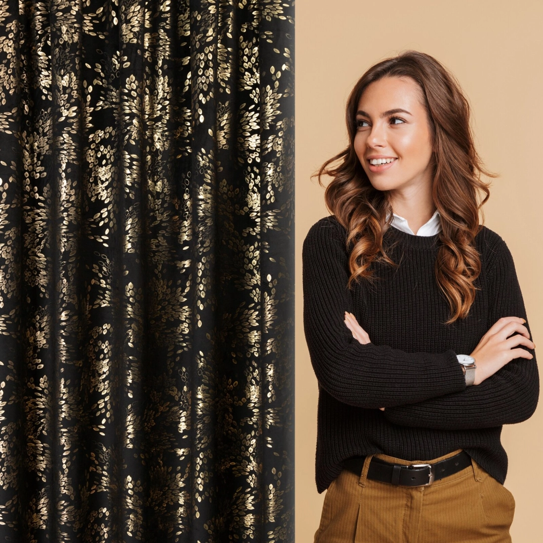 Záves 140x270 cm zamatový čierny s potlačou listov na riasiacu pásku FELIS