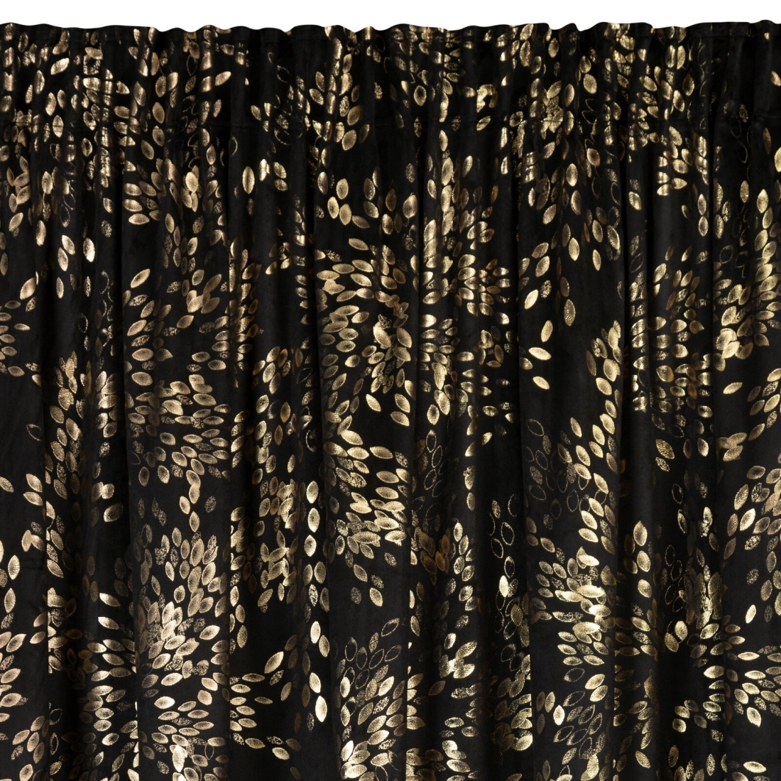 Záves 140x270 cm zamatový čierny s potlačou listov na riasiacu pásku FELIS