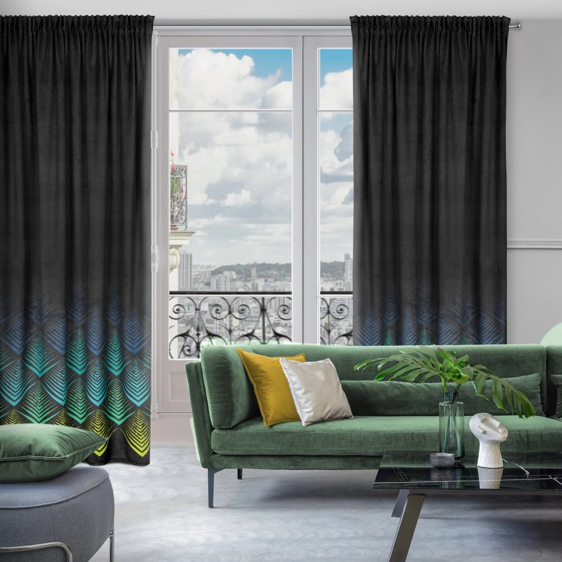 Záves 140x270 cm zamatový čierny, tyrkysový na riasiacu pásku ANGELINA