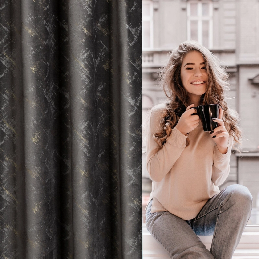 Sametový závěs 140 x 270 cm grafitový, šampaňský na řasicí pásku ADRIA