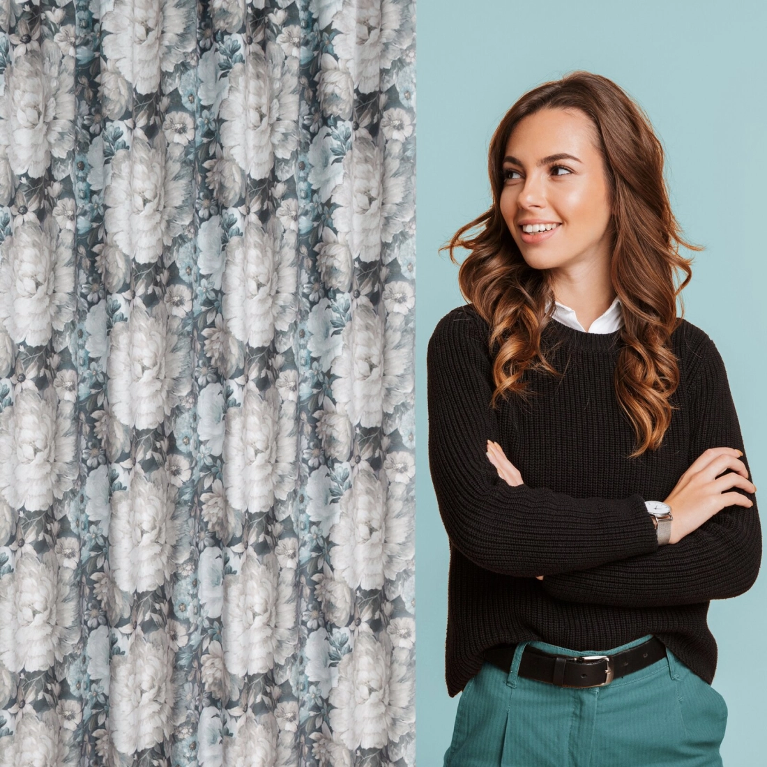 Záves 140x270 cm zamatový krémový, modrý na riasiacu pásku LUCIA