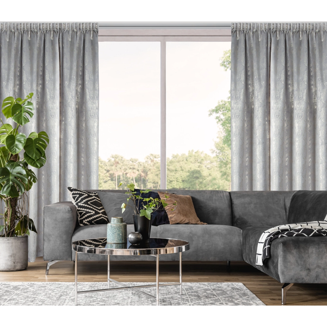 Záves 140x270 cm zamatový oceľový a šampanský na riasiacu pásku INGRID