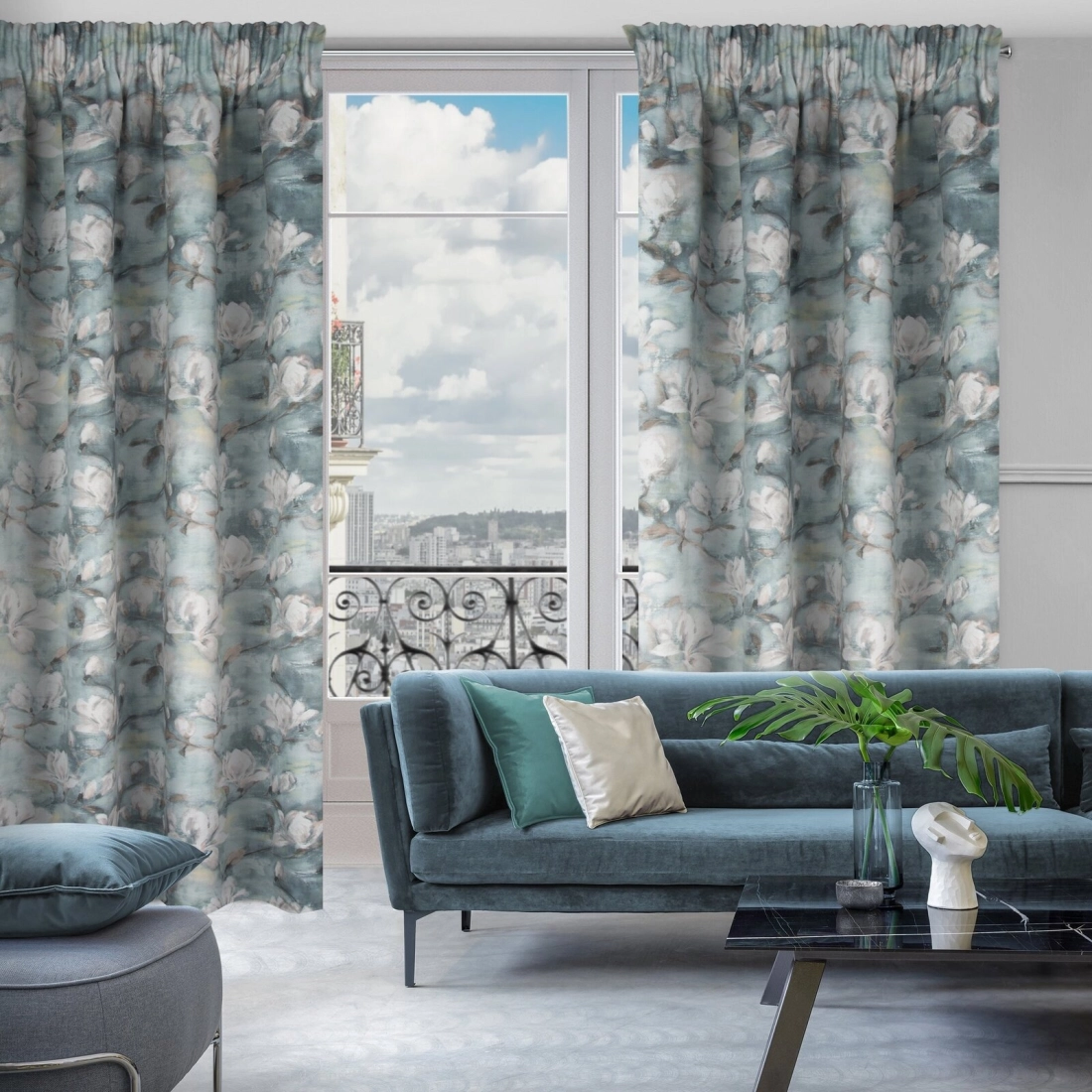 Záves 140x270 cm zamatový oceľový, krémový na riasiacu pásku GRACJA