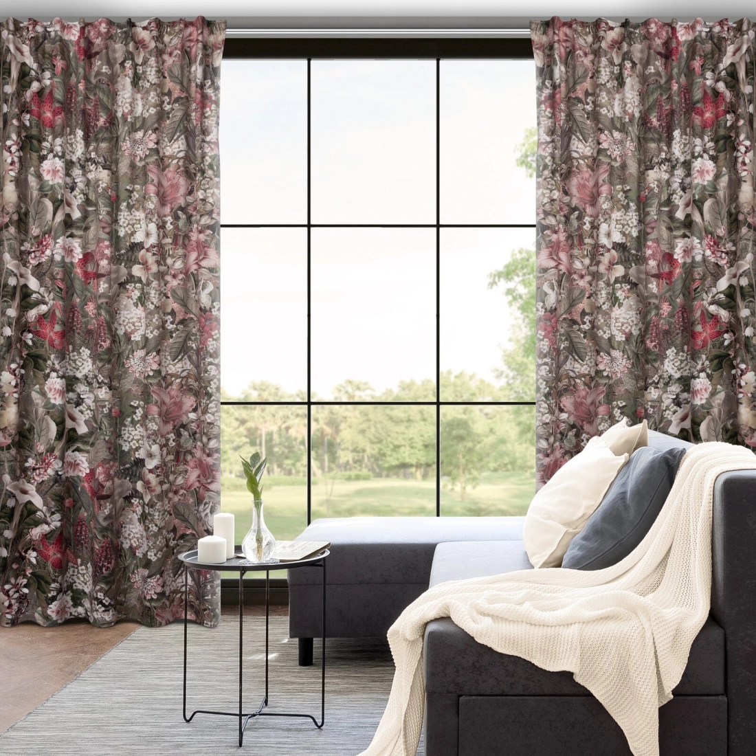 Závěs 140 x 270 cm sametový šedobéžový, růžový na řasicí pásku GLORY