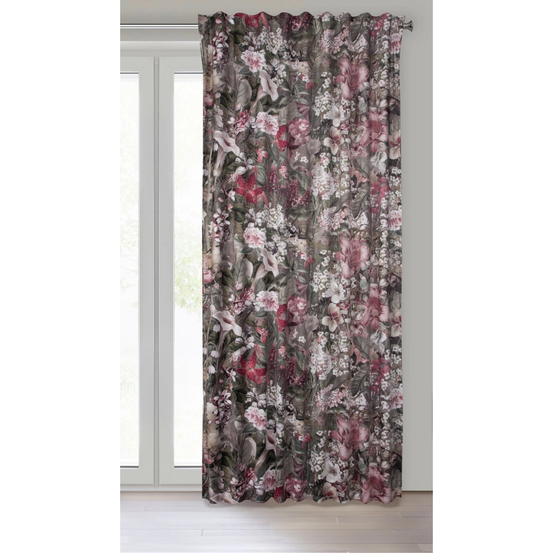 Závěs 140 x 270 cm sametový šedobéžový, růžový na řasicí pásku GLORY