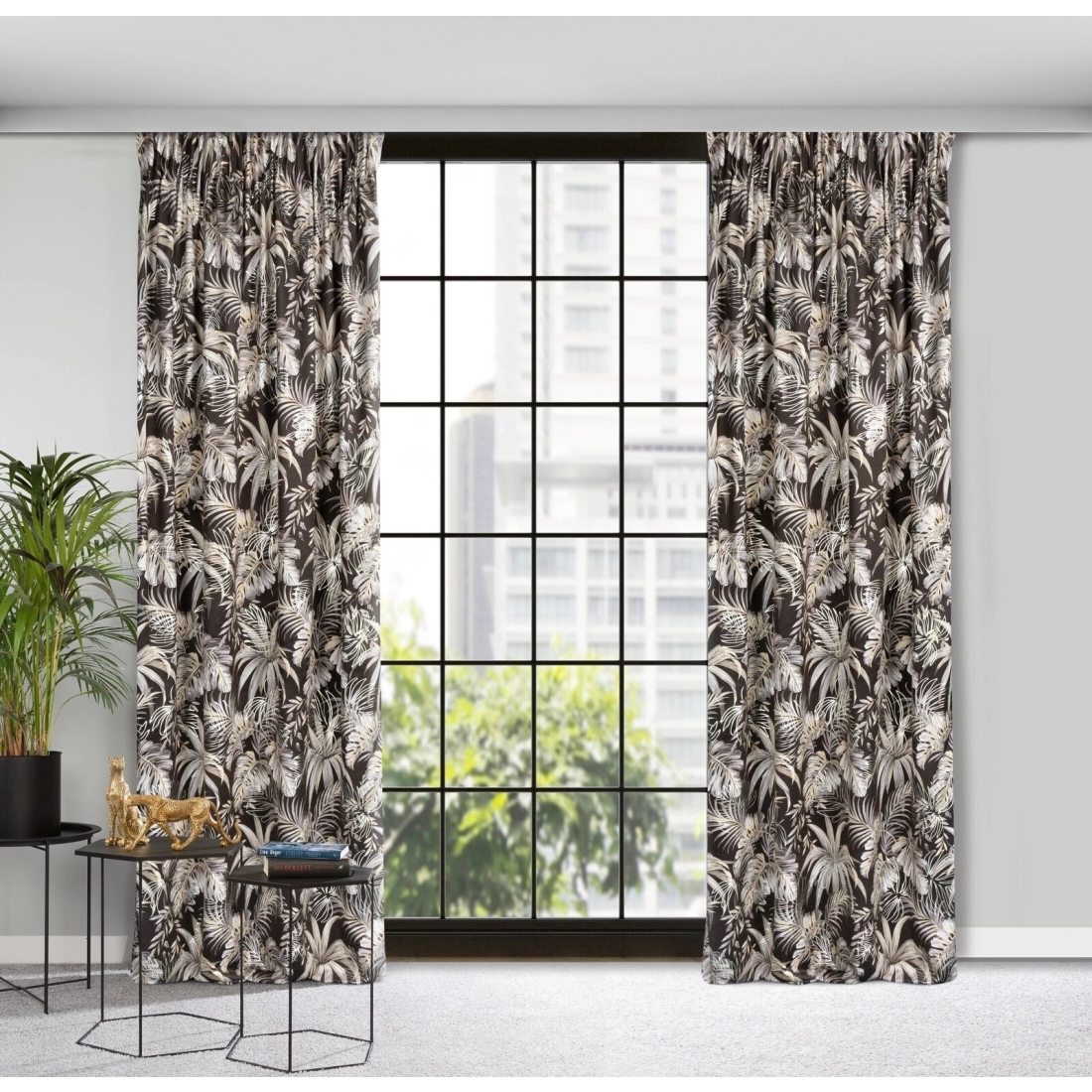 Záves 140x270 cm zamatový tmavohnedý so striebornými listami na riasiacu pásku RODOS