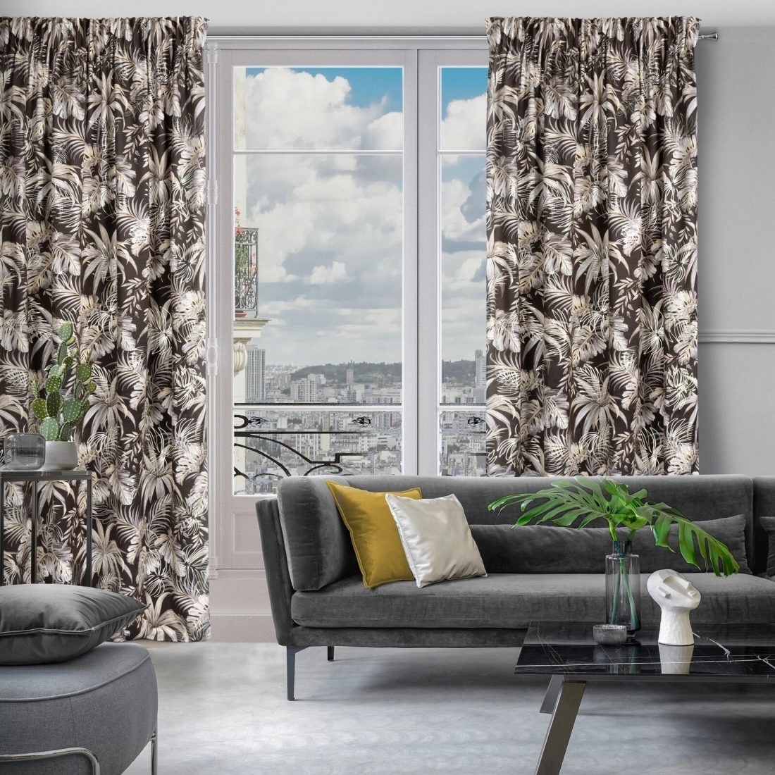 Záves 140x270 cm zamatový tmavohnedý so striebornými listami na riasiacu pásku RODOS